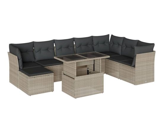 vidaXL vidaXL 9-cz. zestaw mebli ogrodowych, poduszki, jasnoszary polirattan Dārza mēbeļu komplekti