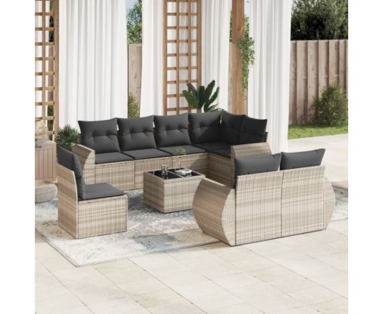 vidaXL vidaXL 9-cz. zestaw mebli ogrodowych, poduszki, jasnoszary polirattan Dārza mēbeļu komplekti