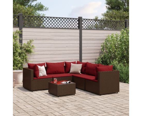 vidaXL VidaXL 6 Piece Patio Lounge Set with Cushions Brown Poly Rattan Dārza mēbeļu komplekti