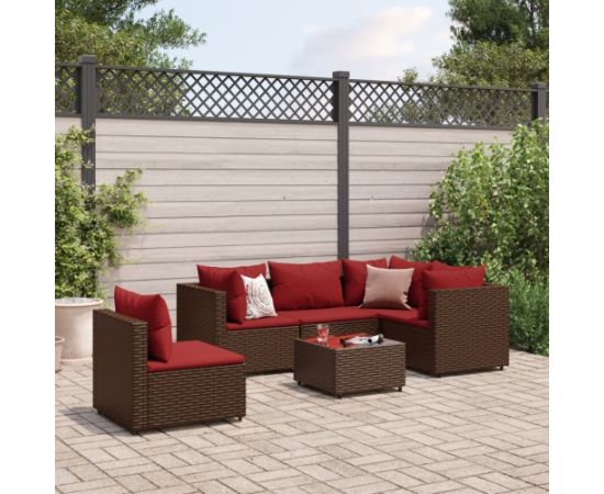 vidaXL VidaXL 6 Piece Patio Lounge Set with Cushions Brown Poly Rattan Dārza mēbeļu komplekti