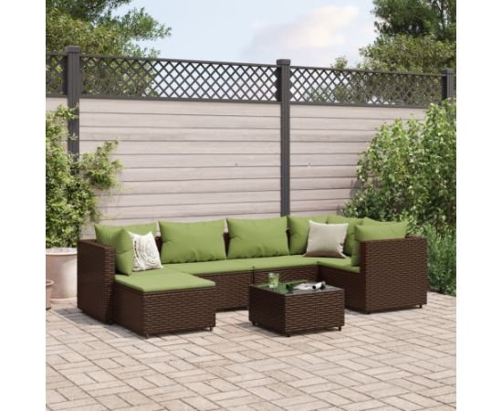 vidaXL VidaXL 7 Piece Patio Lounge Set with Cushions Brown Poly Rattan Dārza mēbeļu komplekti