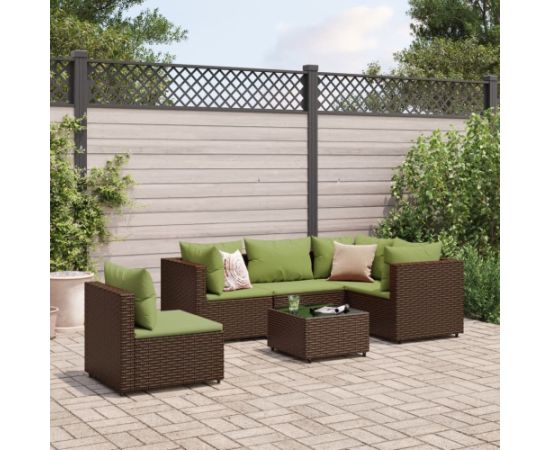vidaXL VidaXL 6 Piece Patio Lounge Set with Cushions Brown Poly Rattan Dārza mēbeļu komplekti