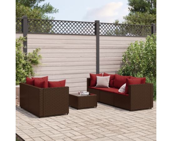 vidaXL VidaXL 6 Piece Patio Lounge Set with Cushions Brown Poly Rattan Dārza mēbeļu komplekti