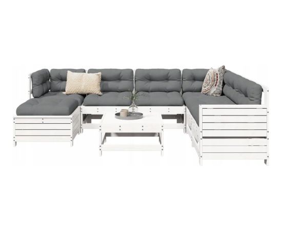 vidaXL 8-częściowy zestaw wypoczynkowy do ogrodu, biały, lite drewno sosnowe Dārza mēbeļu komplekti