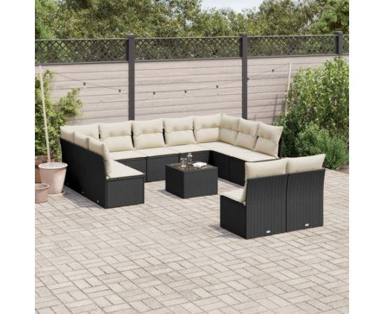 vidaXL 12-częsciowy zestaw mebli do ogrodu, z poduszkami, czarny, polirattan Dārza mēbeļu komplekti