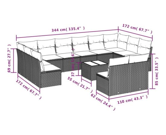 vidaXL 13-częściowy zestaw mebli do ogrodu, poduszki, czarny, rattan PE Dārza mēbeļu komplekti