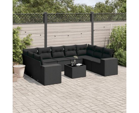vidaXL 10-częsciowy zestaw wypoczynkowy do ogrodu, poduszki czarny rattan PE Dārza mēbeļu komplekti