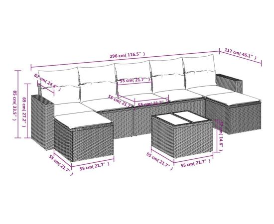 vidaXL 8-częściowy zestaw wypoczynkowy do ogrodu, z poduszkami, czarny Dārza mēbeļu komplekti