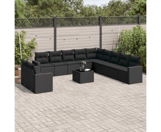 vidaXL 12-częściowy zestaw mebli do ogrodu, z poduszkami, czarny, polirattan Dārza mēbeļu komplekti