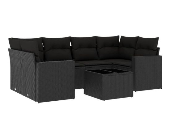 vidaXL 7-częściowy zestaw mebli do ogrodu, z poduszkami, czarny, polirattan Dārza mēbeļu komplekti