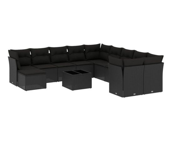 vidaXL 12-częściowy zestaw mebli do ogrodu, z poduszkami, czarny, polirattan Dārza mēbeļu komplekti