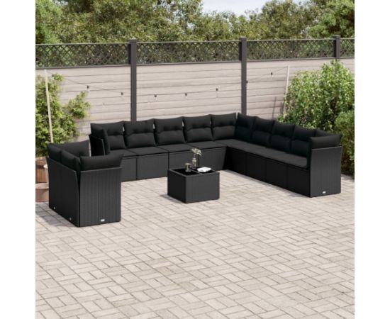 vidaXL 12-częściowy zestaw mebli do ogrodu, z poduszkami, czarny, polirattan Dārza mēbeļu komplekti