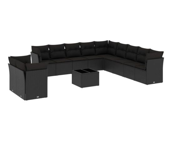 vidaXL 12-częściowy zestaw mebli do ogrodu, z poduszkami, czarny, polirattan Dārza mēbeļu komplekti