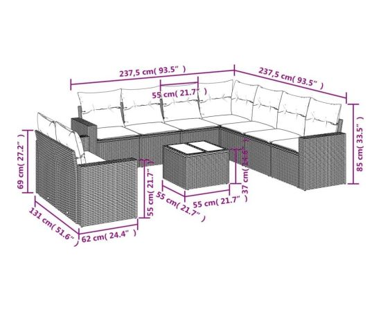 vidaXL 10-częściowy zestaw wypoczynkowy do ogrodu, z poduszkami, szary Dārza mēbeļu komplekti
