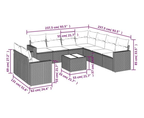 vidaXL 10-częściowy zestaw wypoczynkowy do ogrodu, poduszki czarny rattan PE Dārza mēbeļu komplekti