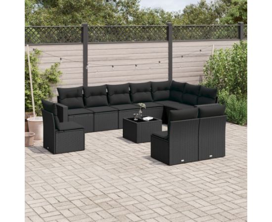 vidaXL 11-częściowy zestaw wypoczynkowy do ogrodu, poduszki czarny rattan PE Dārza mēbeļu komplekti