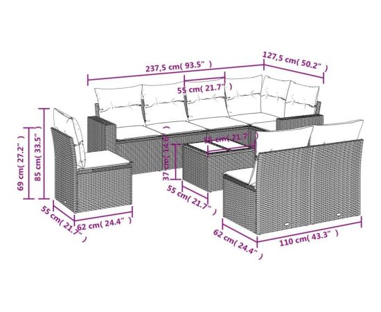 vidaXL 9-częściowy zestaw wypoczynkowy do ogrodu, z poduszkami, czarny Dārza mēbeļu komplekti