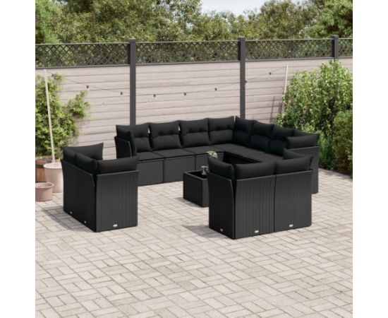 vidaXL 12-częściowy zestaw mebli do ogrodu, z poduszkami, czarny, polirattan Dārza mēbeļu komplekti