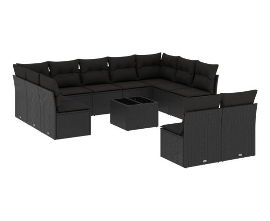 vidaXL 12-częściowy zestaw mebli do ogrodu, z poduszkami, czarny, polirattan Dārza mēbeļu komplekti