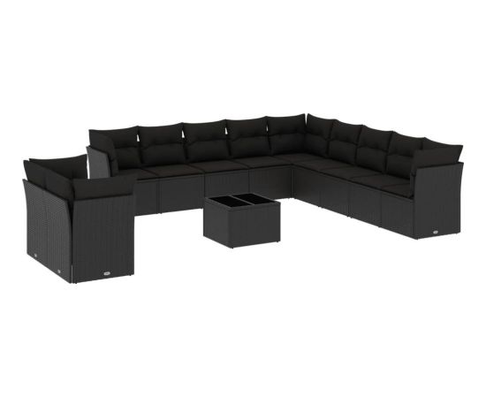 vidaXL 12-częściowy zestaw mebli do ogrodu, z poduszkami, czarny, polirattan Dārza mēbeļu komplekti