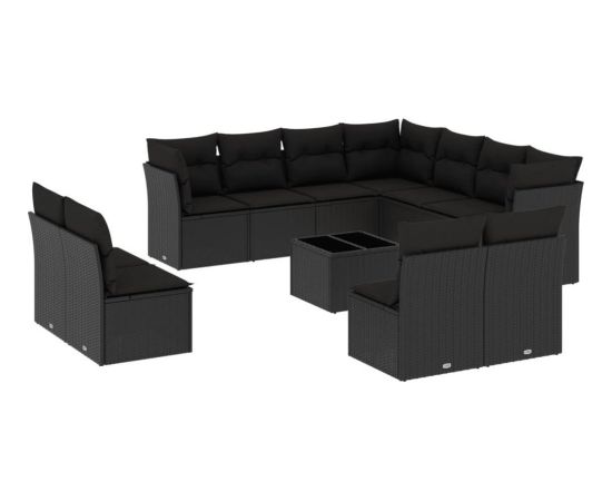vidaXL 12-częściowy zestaw mebli do ogrodu, z poduszkami, czarny, polirattan Dārza mēbeļu komplekti