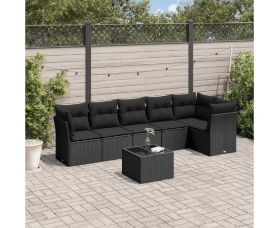 vidaXL 7-cz. zestaw mebli do ogrodu, z poduszkami, czarny, polirattan Dārza mēbeļu komplekti