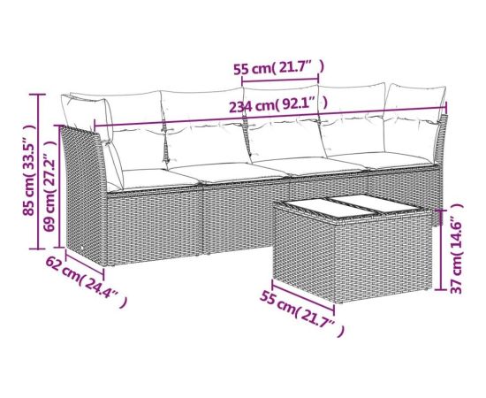 vidaXL 5-częściowy zestaw wypoczynkowy do ogrodu, poduszki, szary rattan PE Dārza mēbeļu komplekti