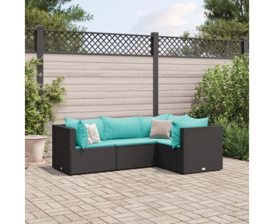 vidaXL VidaXL 4 Piece Patio Lounge Set with Cushions Black Poly Rattan Dārza mēbeļu komplekti