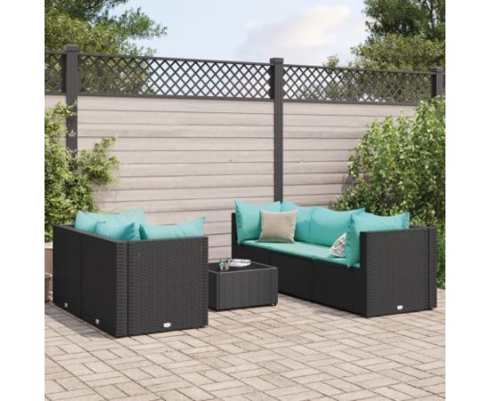 vidaXL VidaXL 6 Piece Patio Lounge Set with Cushions Black Poly Rattan Dārza mēbeļu komplekti