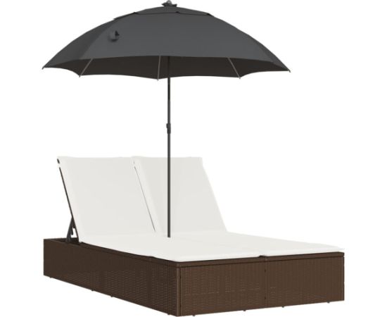vidaXL Podwójna leżanka z poduszkami i parasolem, brązowa, polirattan Шезлонги и пляжные стулья