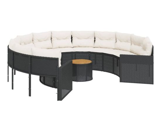 vidaXL Sofa ogrodowa, stolik i poduszki, okrągła, czarny rattan PE Dārza mēbeļu komplekti