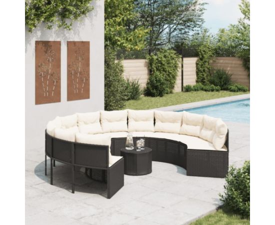 vidaXL Sofa ogrodowa, stolik i poduszki, okrągła, czarny polirattan Dārza mēbeļu komplekti