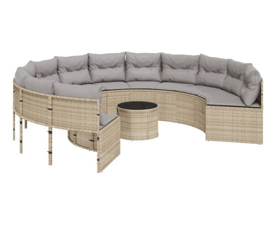vidaXL Sofa ogrodowa, stolik i poduszki, okrągła, beżowy rattan PE Dārza mēbeļu komplekti