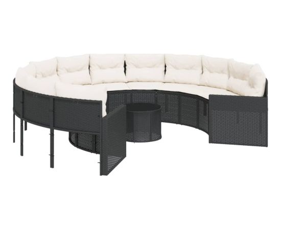 vidaXL Sofa ogrodowa, stolik i poduszki, okrągła, czarny rattan PE Dārza mēbeļu komplekti