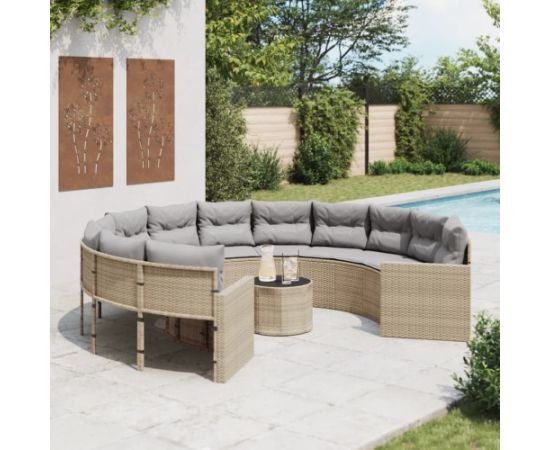 vidaXL Sofa ogrodowa, stolik i poduszki, okrągła, beżowy rattan PE Dārza mēbeļu komplekti