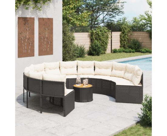 vidaXL Sofa ogrodowa, stolik i poduszki, okrągła, czarny rattan PE Dārza mēbeļu komplekti