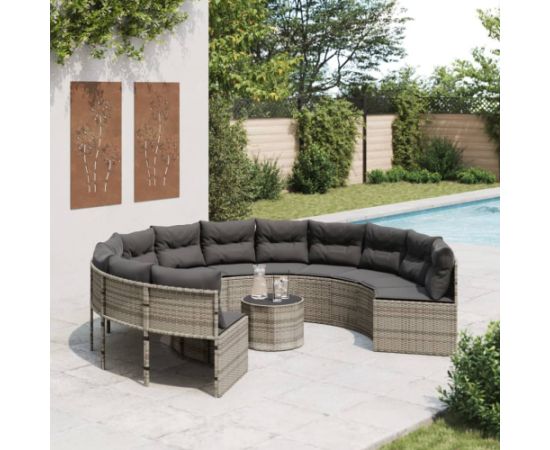 vidaXL Sofa ogrodowa, stolik i poduszki, okrągła, szary polirattan Dārza mēbeļu komplekti