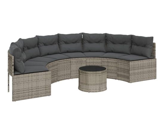 vidaXL Sofa ogrodowa, stolik i poduszki, półokrągła, szary rattan PE Dārza mēbeļu komplekti