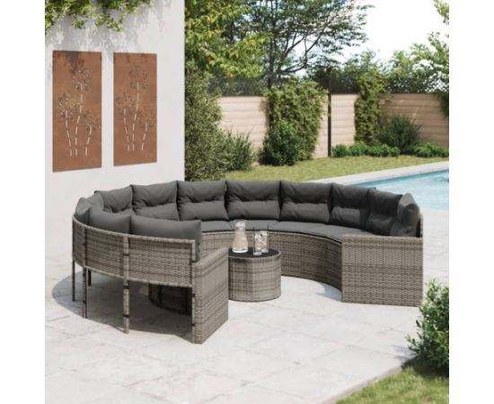 vidaXL Sofa ogrodowa, stolik i poduszki, okrągła, szary rattan PE Dārza mēbeļu komplekti