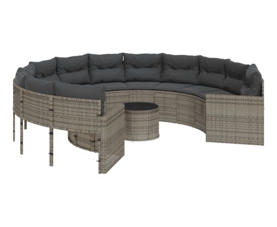 vidaXL Sofa ogrodowa, stolik i poduszki, okrągła, szary rattan PE Dārza mēbeļu komplekti