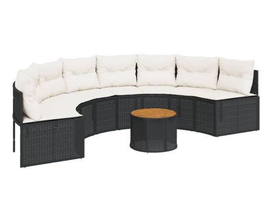 vidaXL Sofa ogrodowa, stolik i poduszki, półokrągła, czarny rattan PE Dārza mēbeļu komplekti