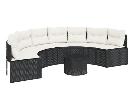 vidaXL Sofa ogrodowa, stolik i poduszki, półokrągła, czarny rattan PE Dārza mēbeļu komplekti