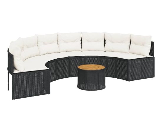 vidaXL Sofa ogrodowa, stolik i poduszki, półokrągła, czarny rattan PE Dārza mēbeļu komplekti