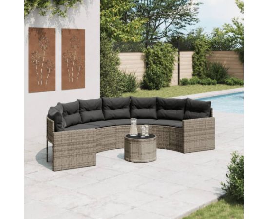 vidaXL Sofa ogrodowa, stolik i poduszki, półokrągła, szary rattan PE Dārza mēbeļu komplekti