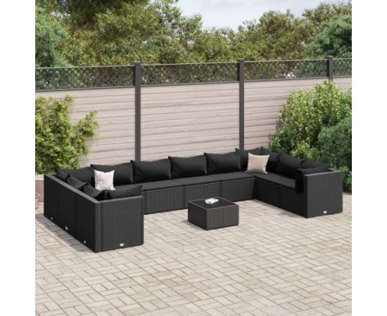 vidaXL 11-cz. zestaw mebli do ogrodu, z poduszkami, czarny rattan PE Dārza mēbeļu komplekti