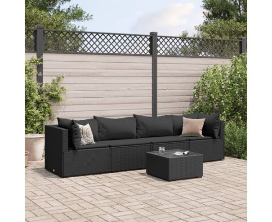 vidaXL 5-cz. zestaw wypoczynkowy do ogrodu, poduszki, czarny rattan PE Dārza mēbeļu komplekti