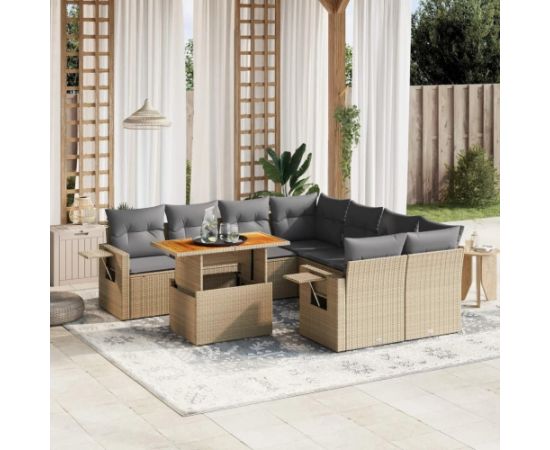 vidaXL 9-cz. zestaw mebli ogrodowych z poduszkami, beżowy, polirattan Dārza mēbeļu komplekti