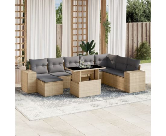 vidaXL 9-cz. zestaw mebli ogrodowych z poduszkami, beżowy, polirattan Dārza mēbeļu komplekti