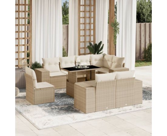 vidaXL 9-cz. zestaw mebli ogrodowych z poduszkami, beżowy, polirattan Dārza mēbeļu komplekti