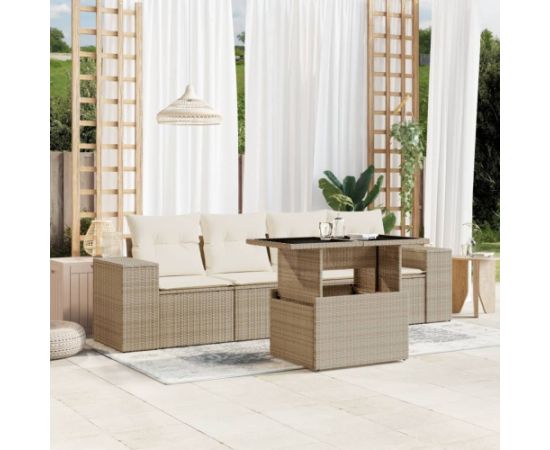 vidaXL 5-cz. zestaw mebli ogrodowych z poduszkami, beżowy, polirattan Dārza mēbeļu komplekti